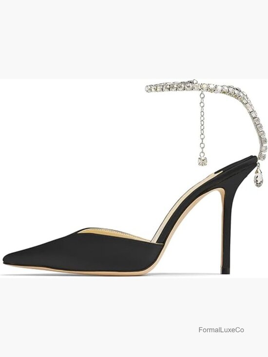 Heeled sandals with rhinestones black pointed toe stiletto  Crystal Chain Rhinestone Embellished Strap Heeled Sandals Pointy Stilettos
